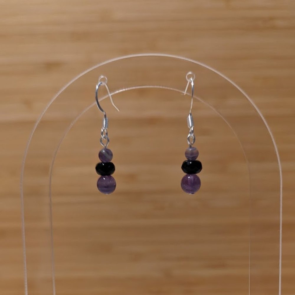 Dainty Black and Purple Glass Bead Earrings